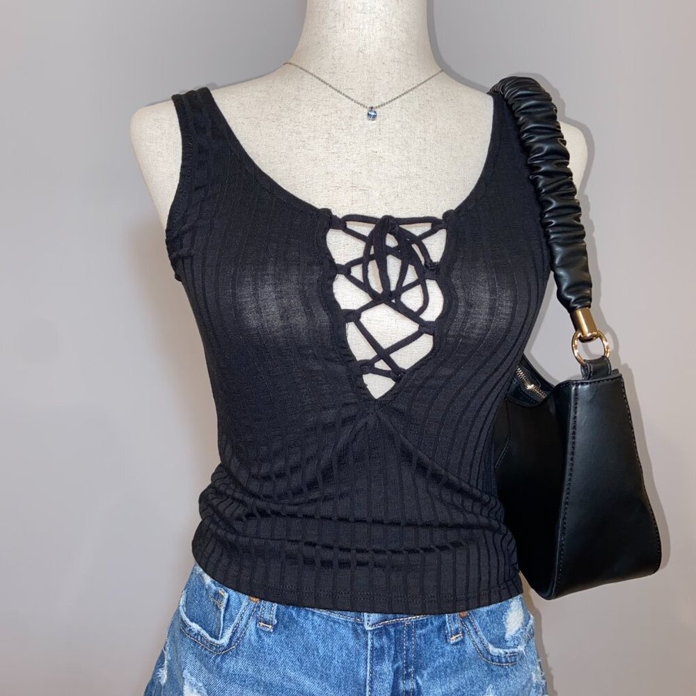 Project Social T Urban Outfitters Black Lace-Up Ribbed Tank Top size small